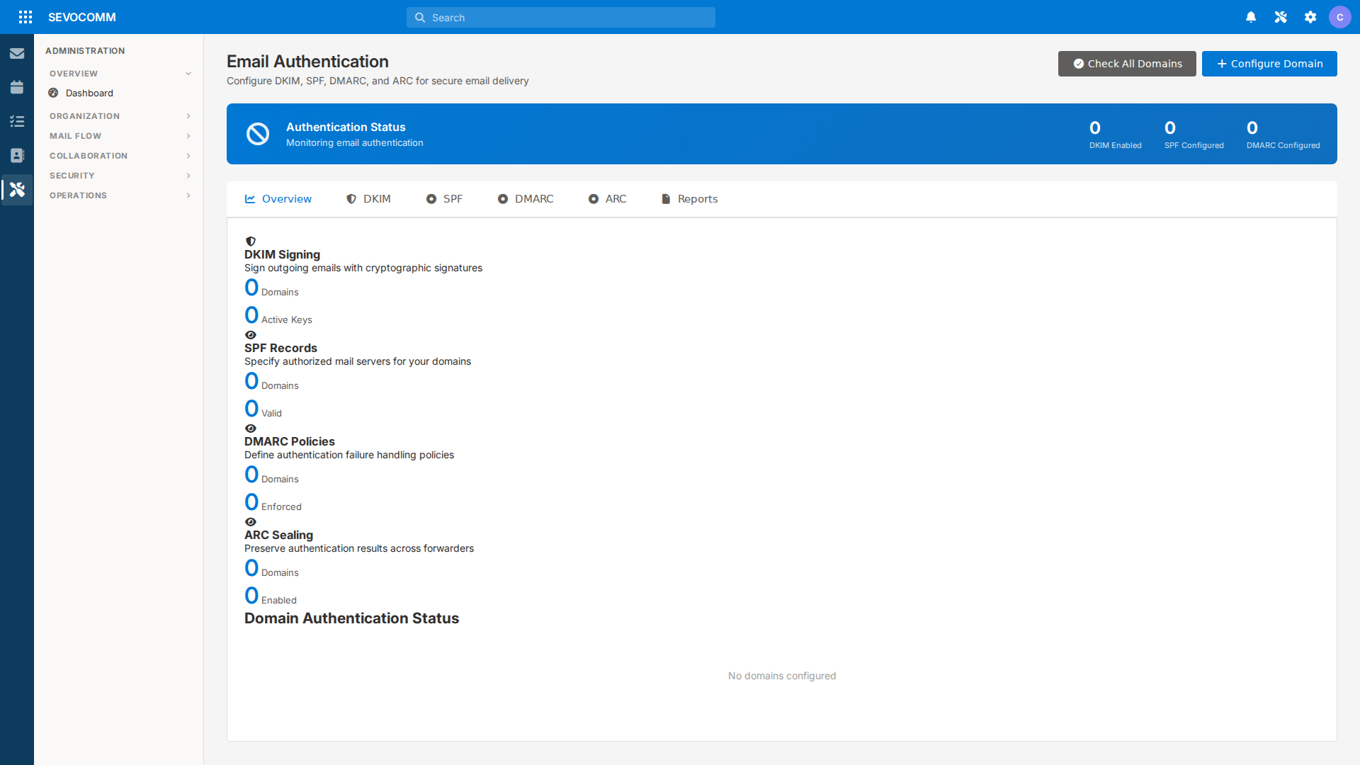 SEVOCOMM MTA email authentication and TLS trust panel