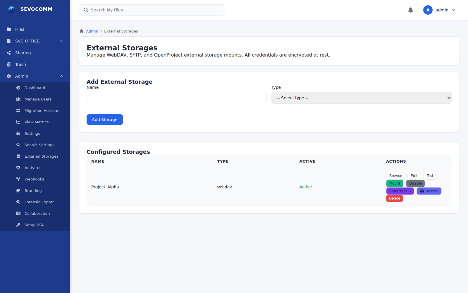 External storage backends configurable from the SCS admin UI