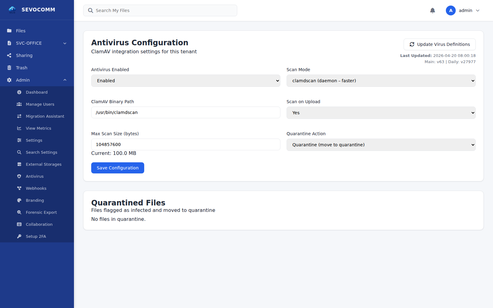 SCS antivirus configuration panel — ClamAV integration, scan-on-upload, quarantine policy
