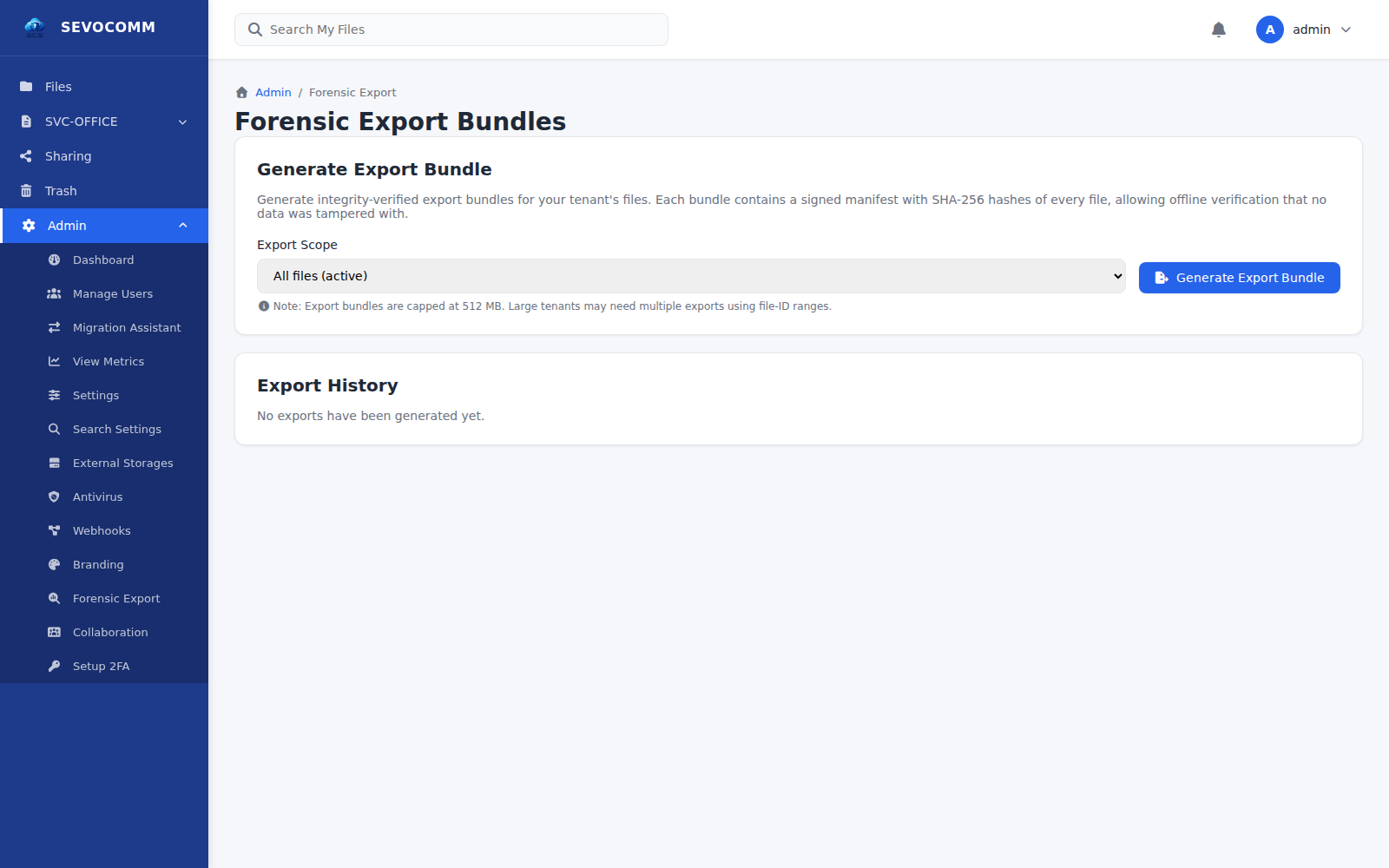 Forensic export bundles with SHA-256 signed manifests